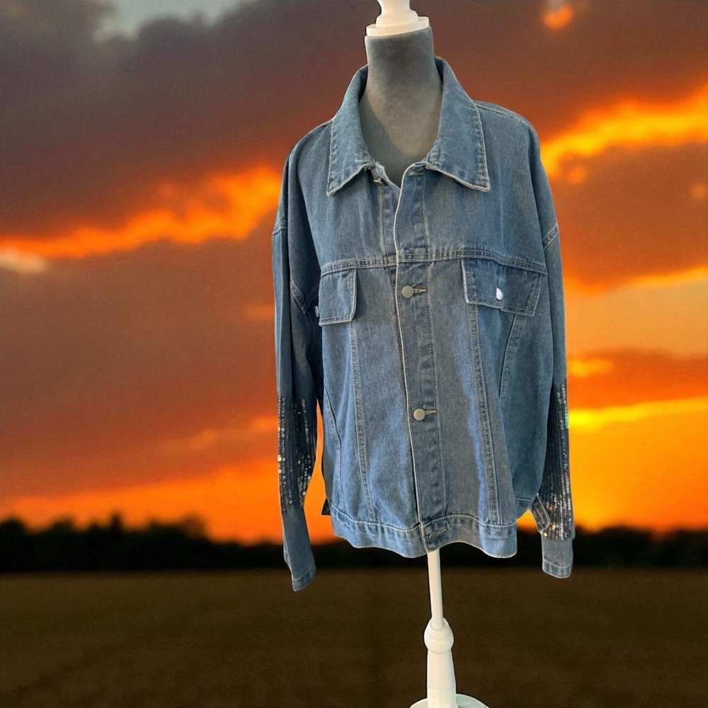 SHEIN Denim Jacket with Sparkling Silver Sleeves - Picture 3 of 13